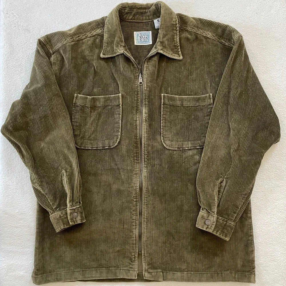 Vintage 90s Canyon River Blues Mens Medium Shirt Jacket Olive Green Corduroy Zip